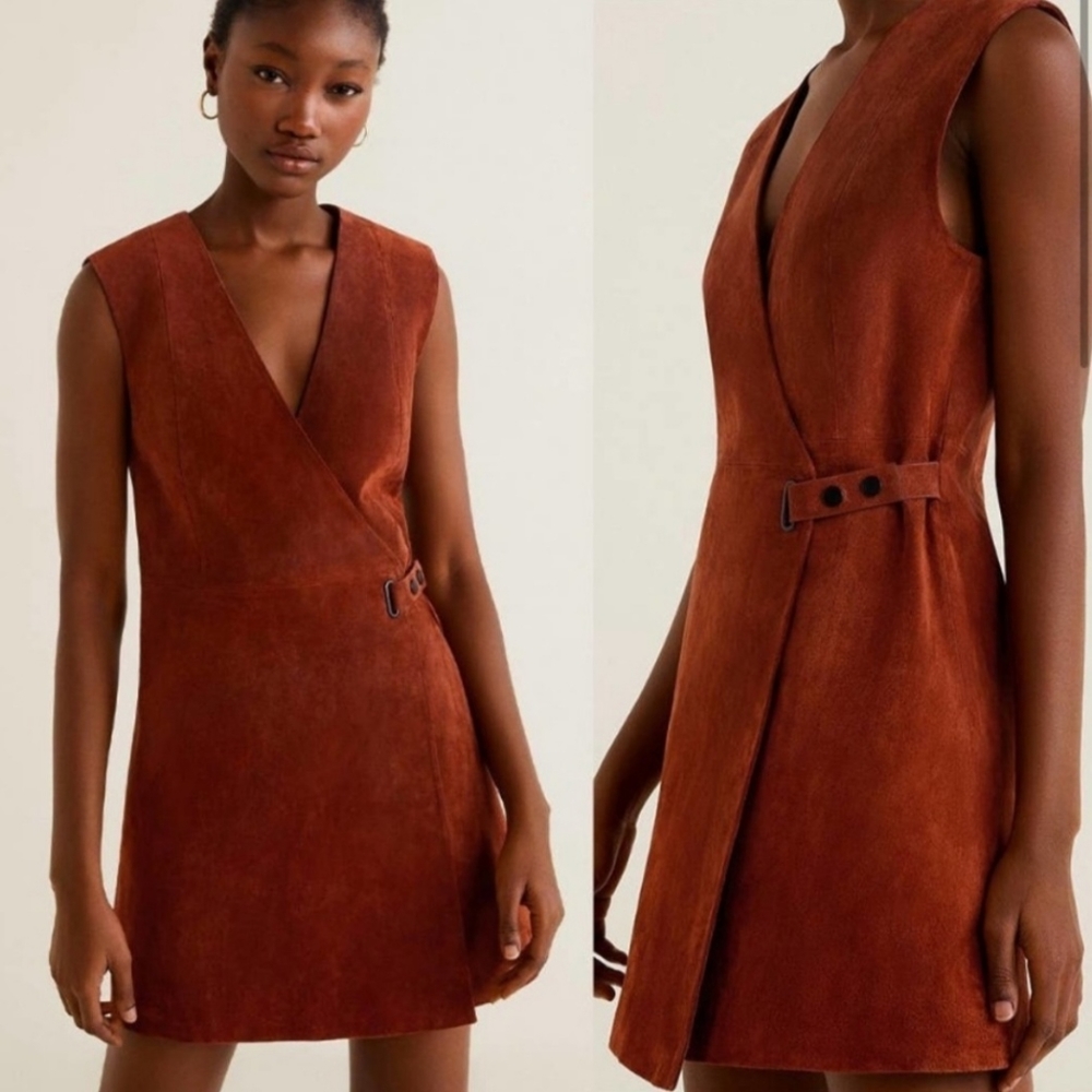 Mango Rust Suede Leather Wrap Overall Dress